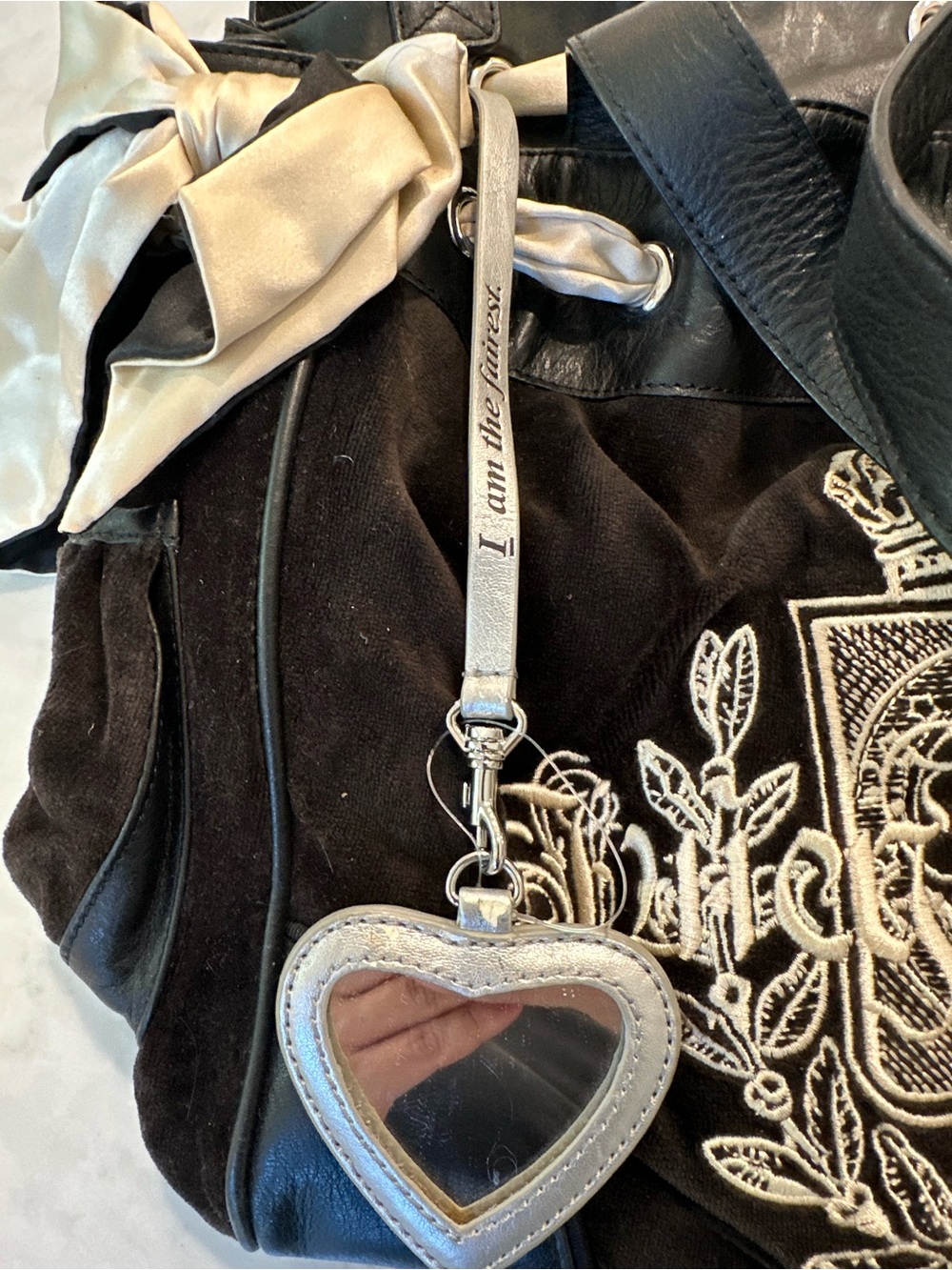 Juicy Couture Black Velvet Daydreamer Tote with Cream Bow Accents - Picture 3 of 5